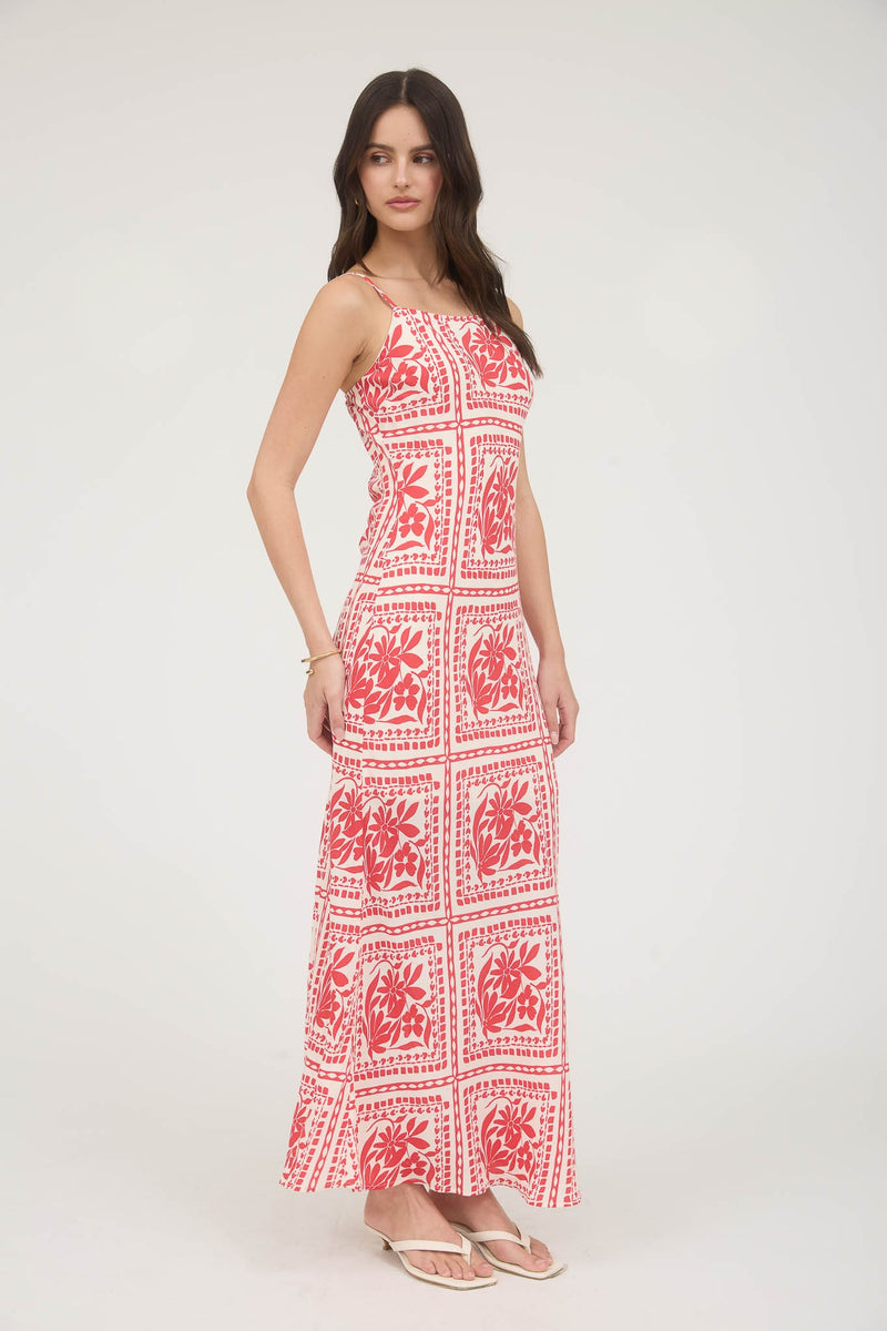 Kiara Floral Tile Print Midi Dress, Red