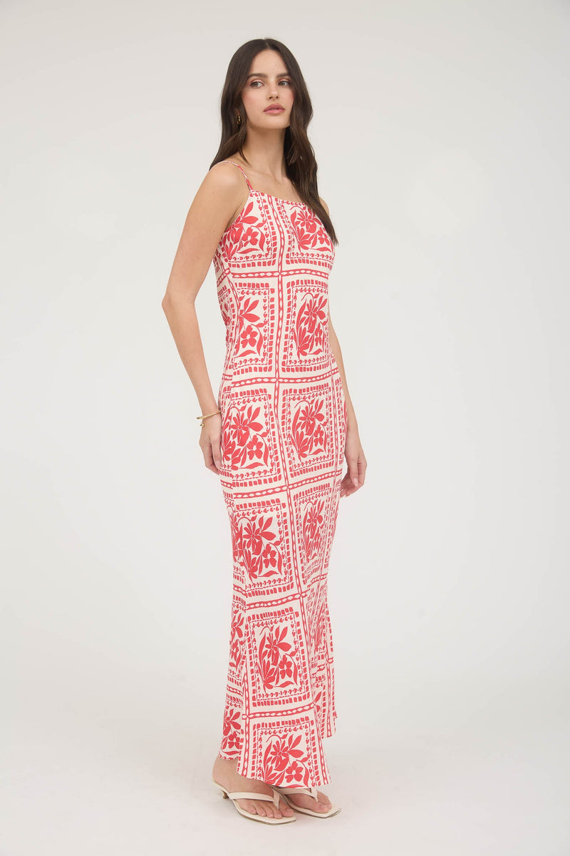 Kiara Floral Tile Print Midi Dress, Red