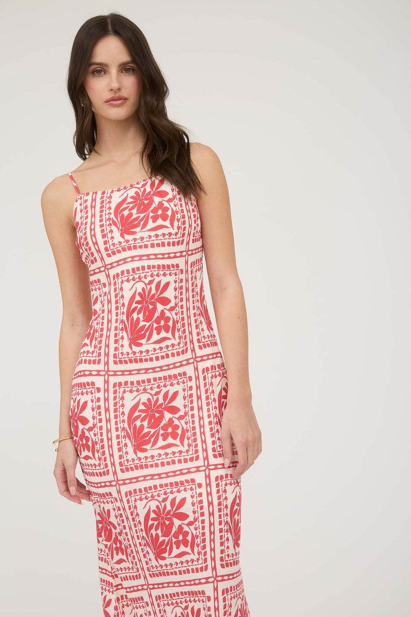Kiara Floral Tile Print Midi Dress, Red