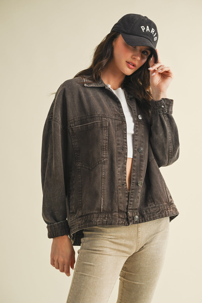 Audrey Button Down Denim Jacket, Black Coffee