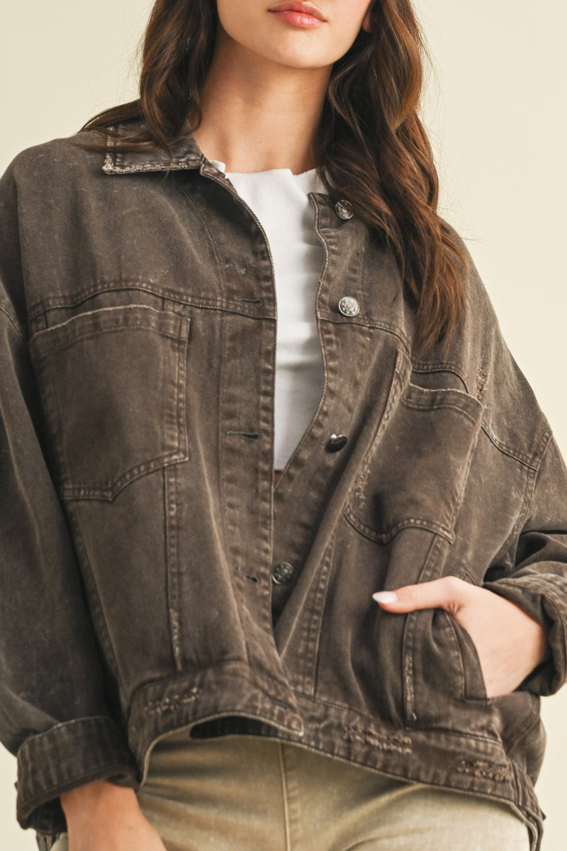 Audrey Button Down Denim Jacket, Black Coffee