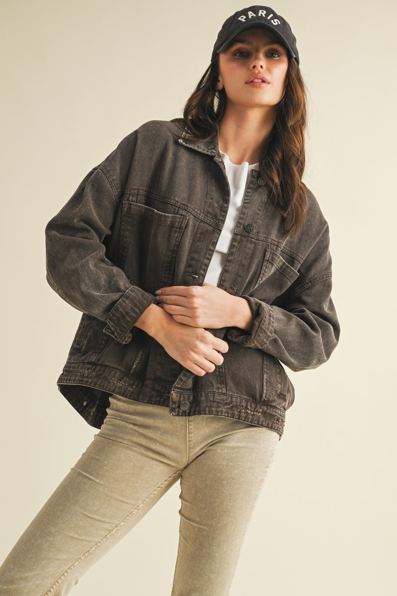 Audrey Button Down Denim Jacket, Black Coffee