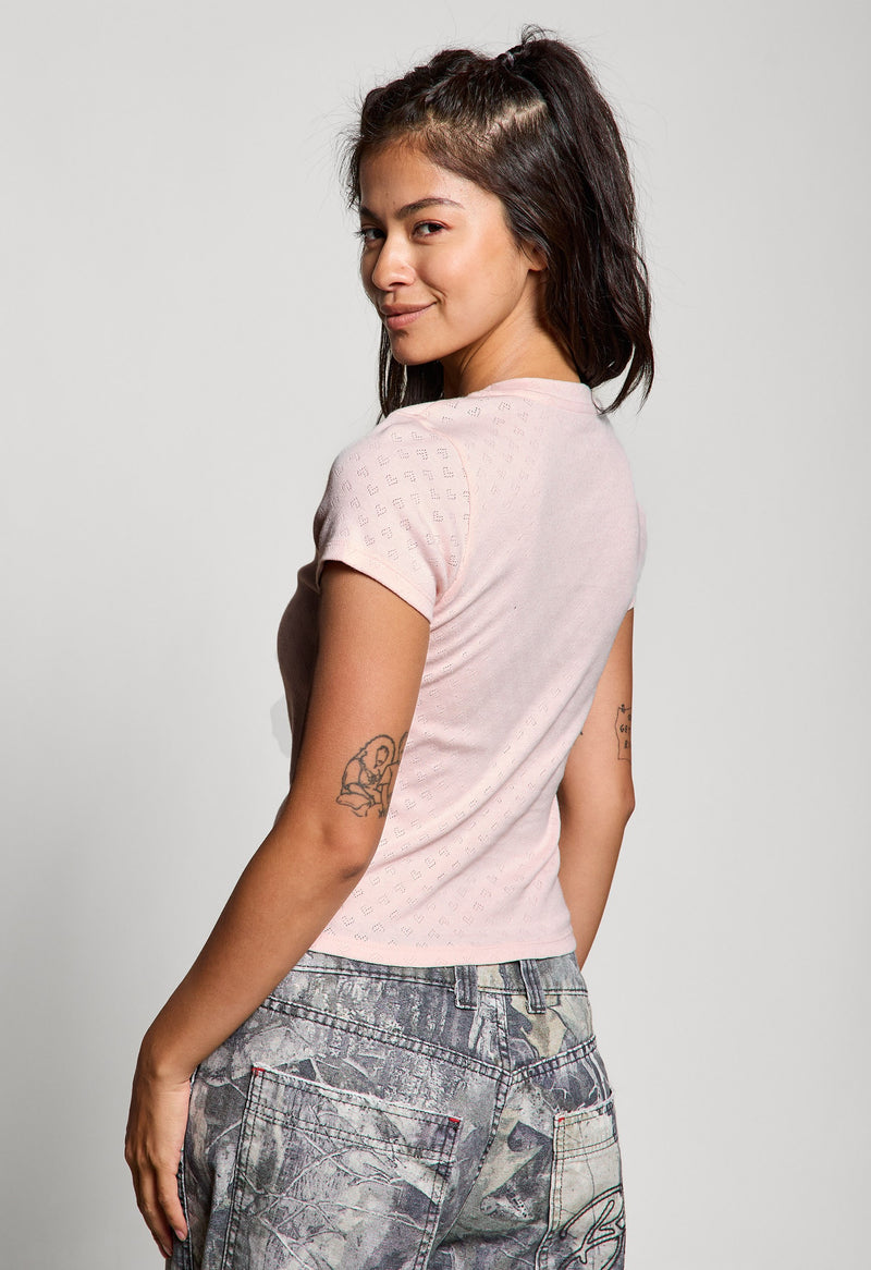 Brooklyn NY Heart Pointelle Baby Tee, Peach Blush