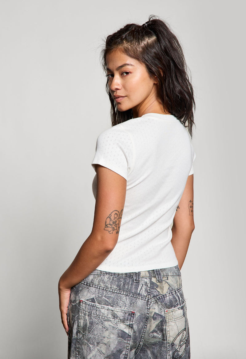 Kinda Care Kinda Don't Pointelle Baby Tee, Off White