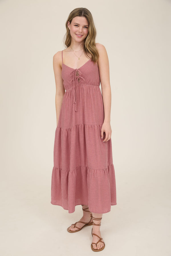 Aurora Striped Front Tie Cutout Dress, Mauve
