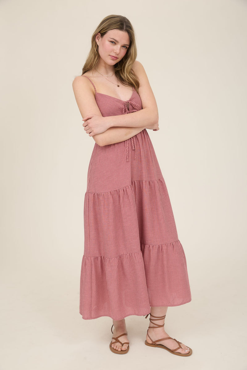 Aurora Striped Front Tie Cutout Dress, Mauve