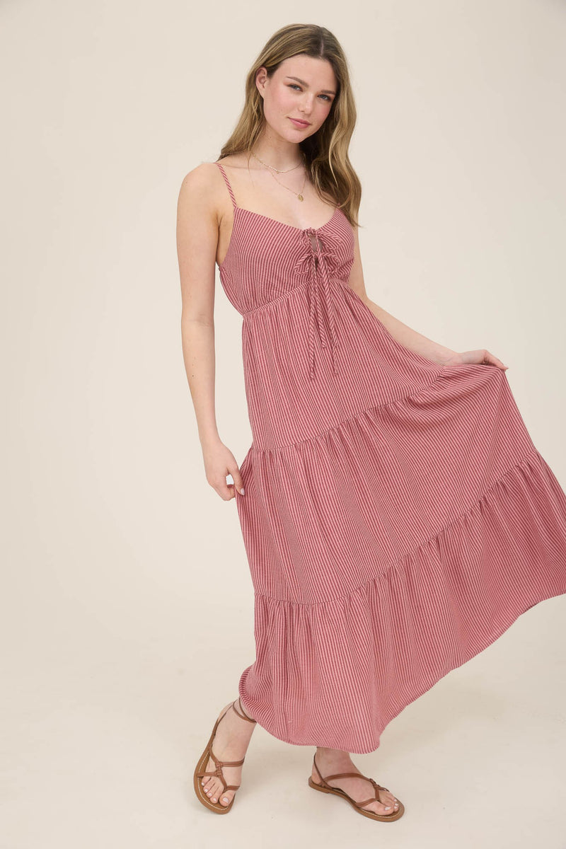 Aurora Striped Front Tie Cutout Dress, Mauve