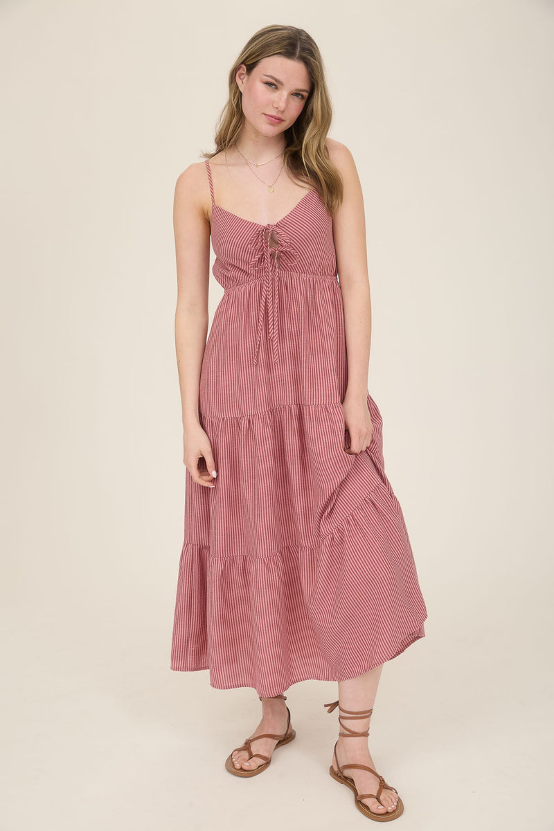 Aurora Striped Front Tie Cutout Dress, Mauve