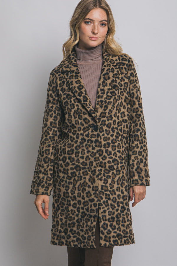 Natalie Leopard Print Long Coat, Brown