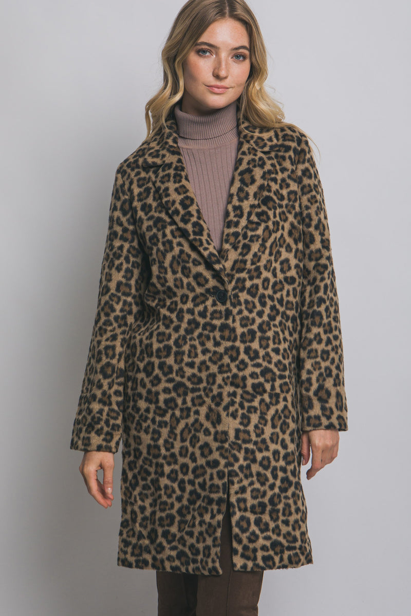 Natalie Leopard Print Long Coat, Brown