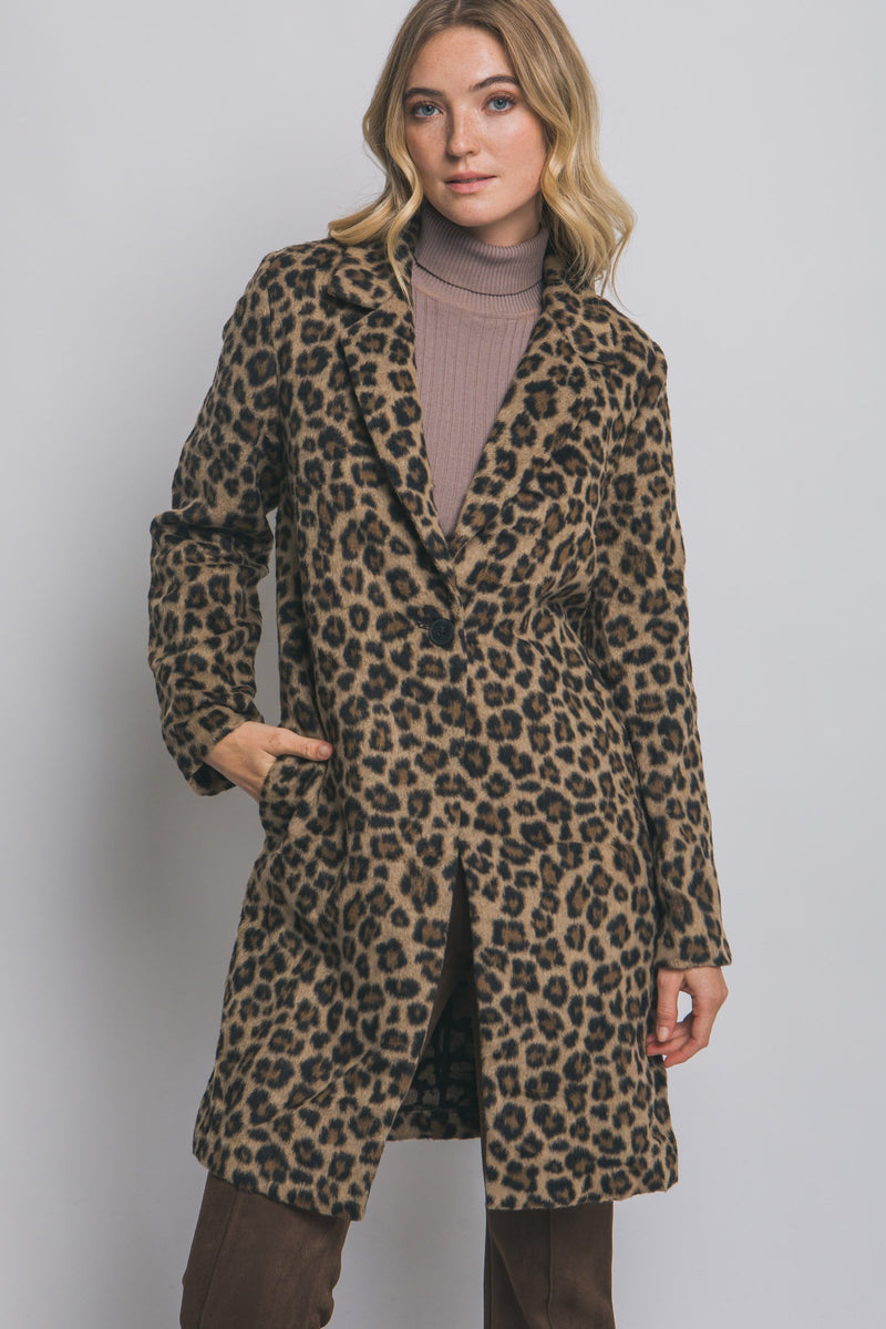 Natalie Leopard Print Long Coat, Brown
