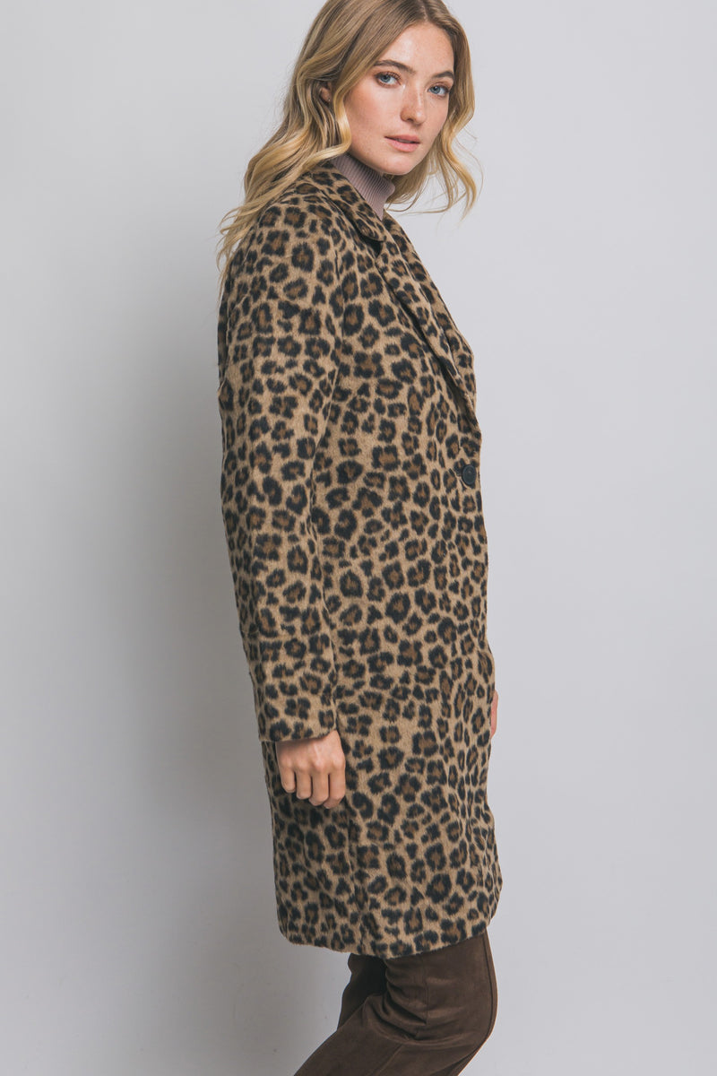 Natalie Leopard Print Long Coat, Brown