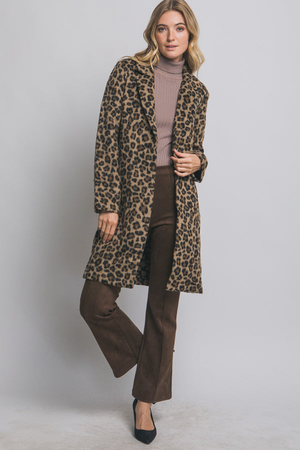Natalie Leopard Print Long Coat, Brown
