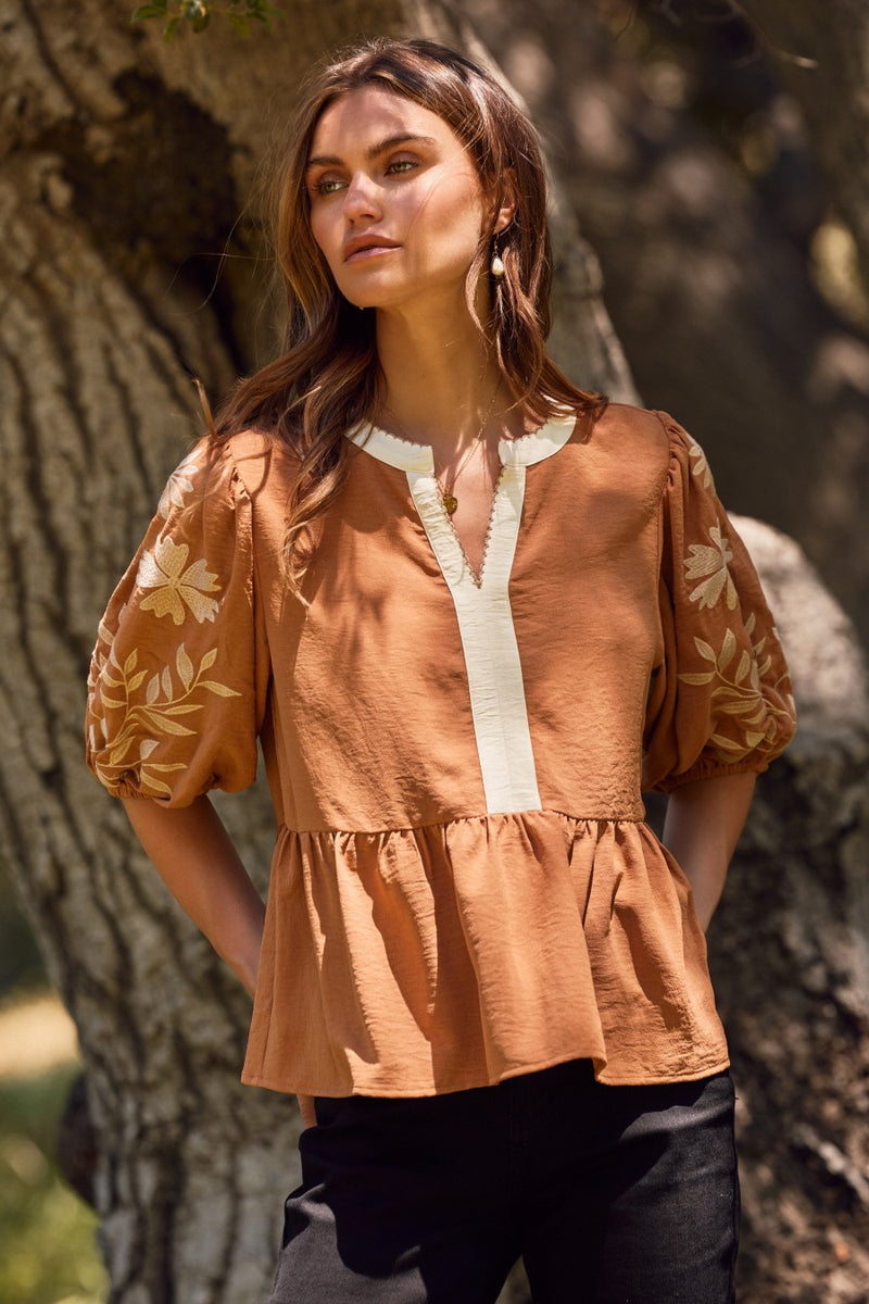 Bella Embroidered Peplum Blouse, Mocha
