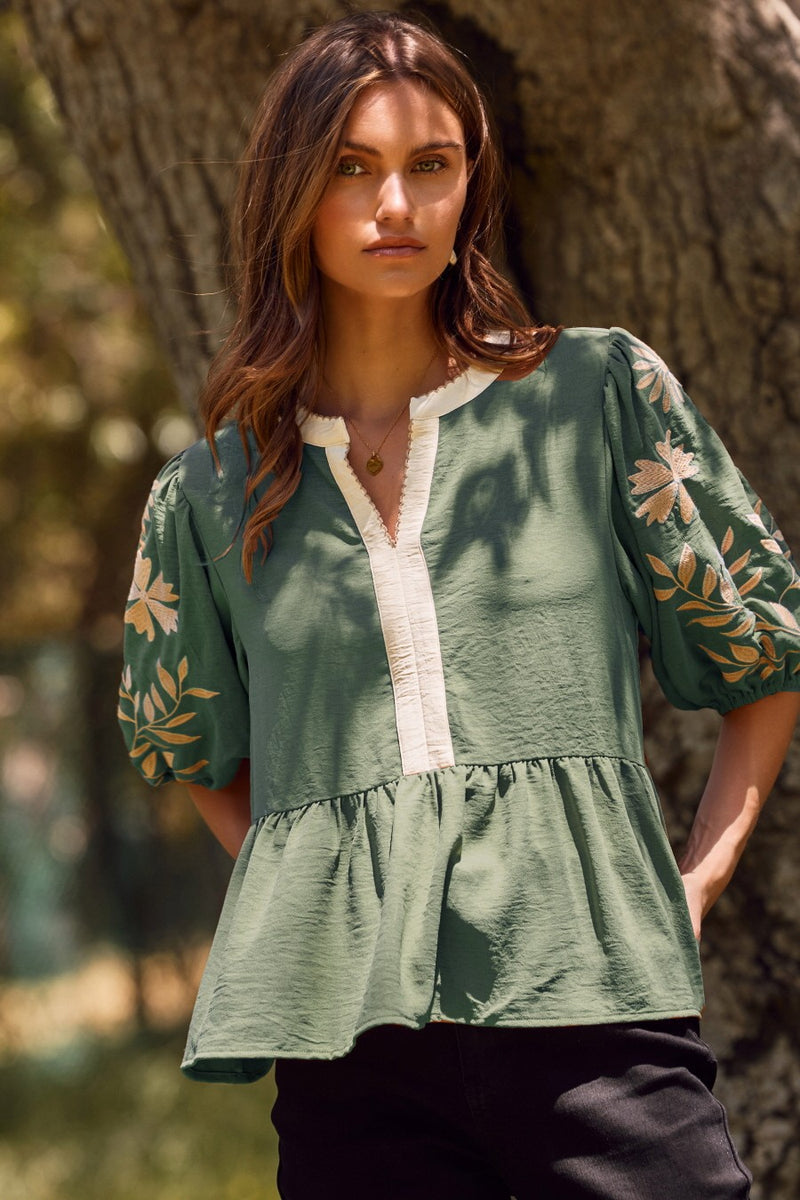 Bella Embroidered Peplum Blouse, Basil Green