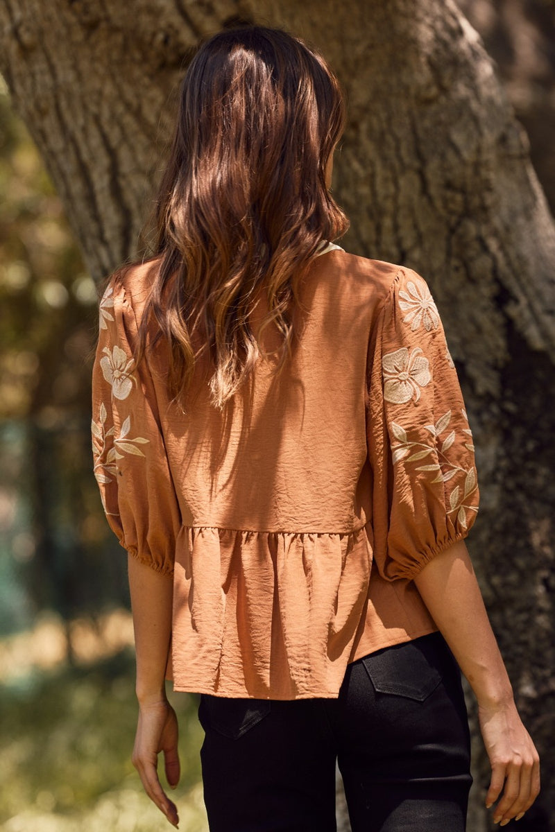 Bella Embroidered Peplum Blouse, Mocha