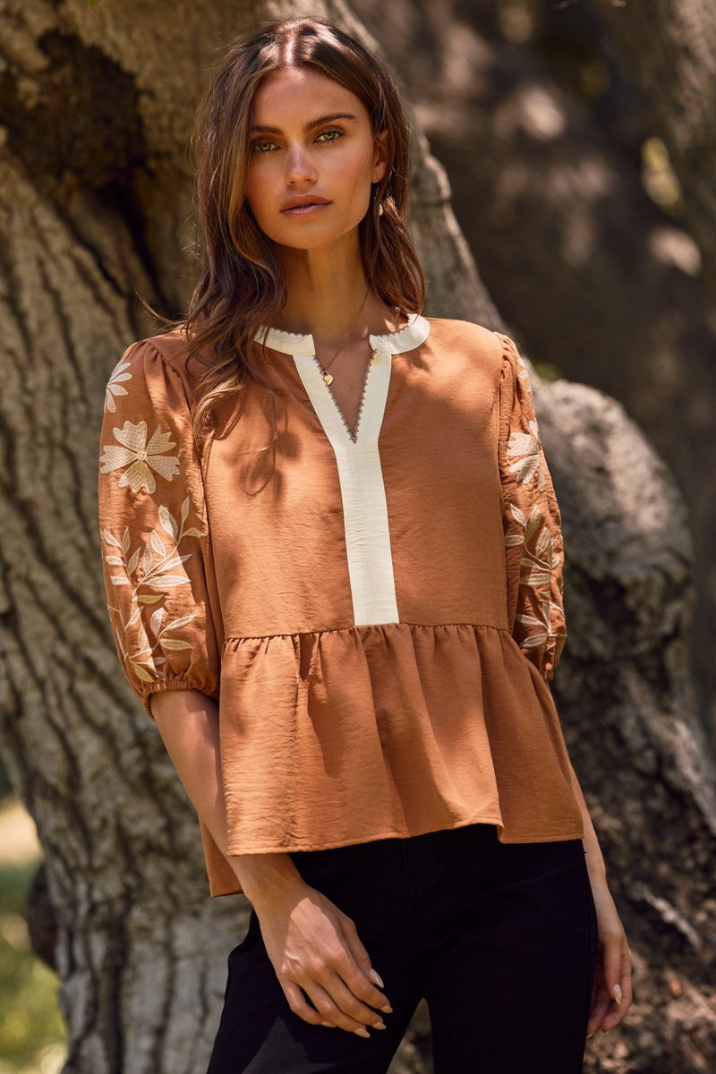 Bella Embroidered Peplum Blouse, Mocha