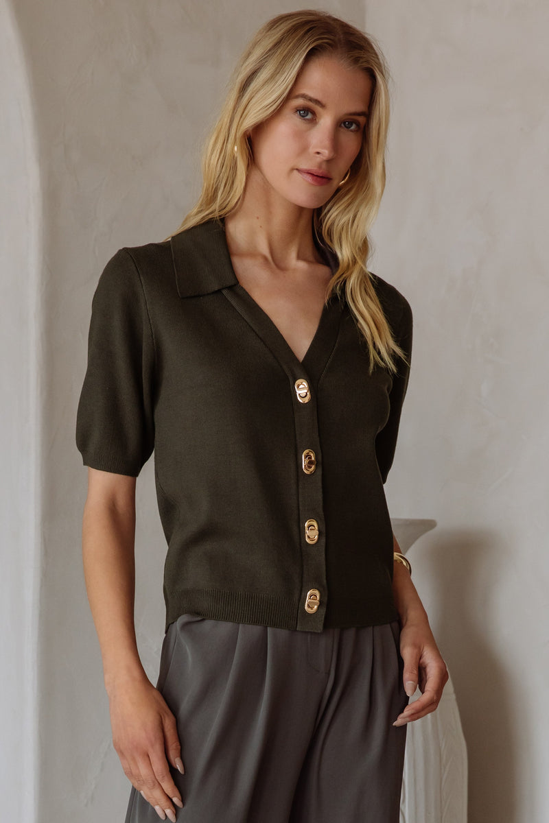 Harlow Gold Twist Lock Button Top, Dark Olive