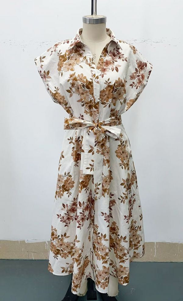 Romina Floral Button Down Dress, Ivory Brown