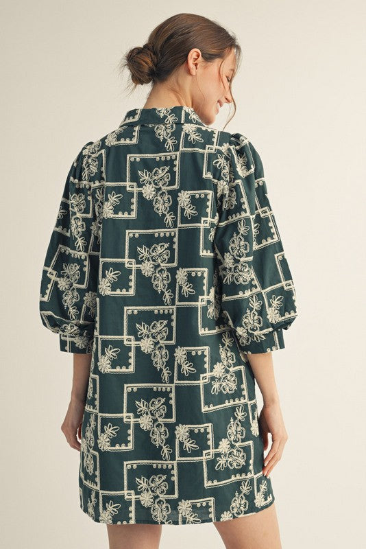 Greta Embroidered Dress, Hunter Green