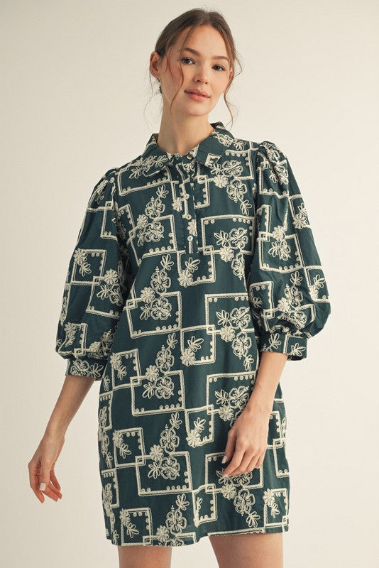 Greta Embroidered Dress, Hunter Green