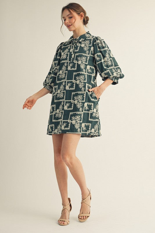 Greta Embroidered Dress, Hunter Green