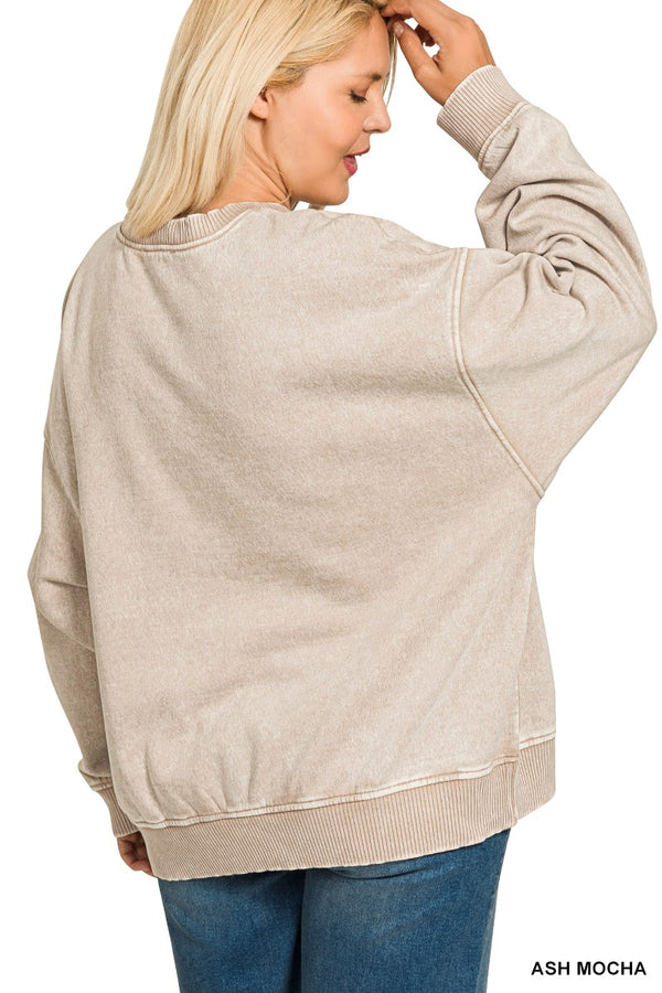 Myra Acid Wash Oversized Fleece Pullover, Ash Mocha | Plus Size