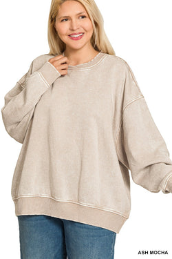 Myra Acid Wash Oversized Fleece Pullover, Ash Mocha | Plus Size