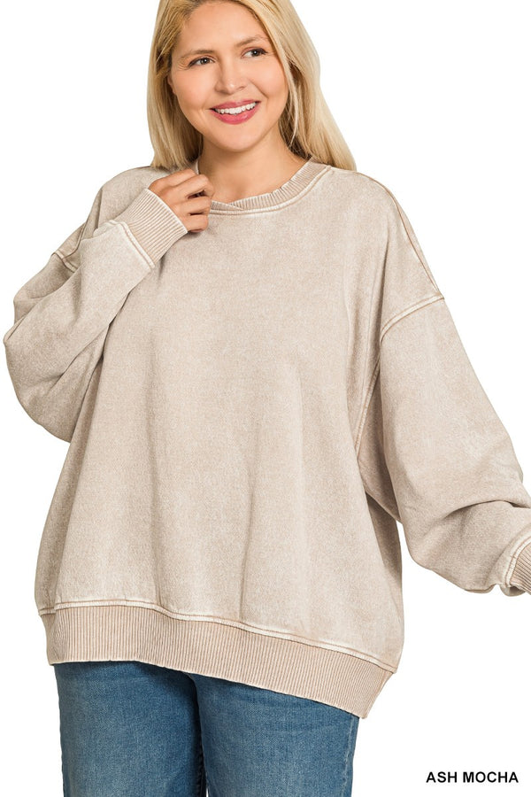 Myra Acid Wash Oversized Fleece Pullover, Ash Mocha | Plus Size