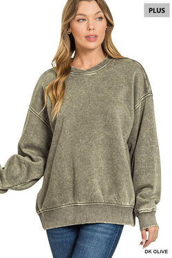 Myra Acid Wash Oversized Fleece Pullover, Dark Olive | Plus Size