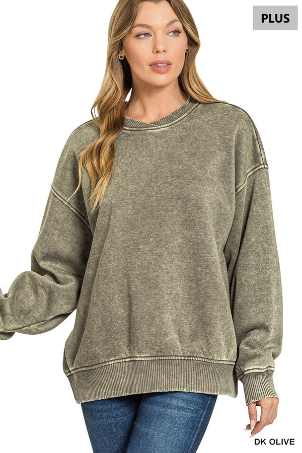 Myra Acid Wash Oversized Fleece Pullover, Dark Olive | Plus Size