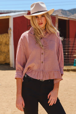 Tova Ruffled Hem Striped Shirt, Mauve