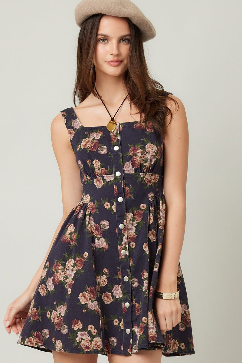 Opal Stone Washed Floral Denim Dress, Navy
