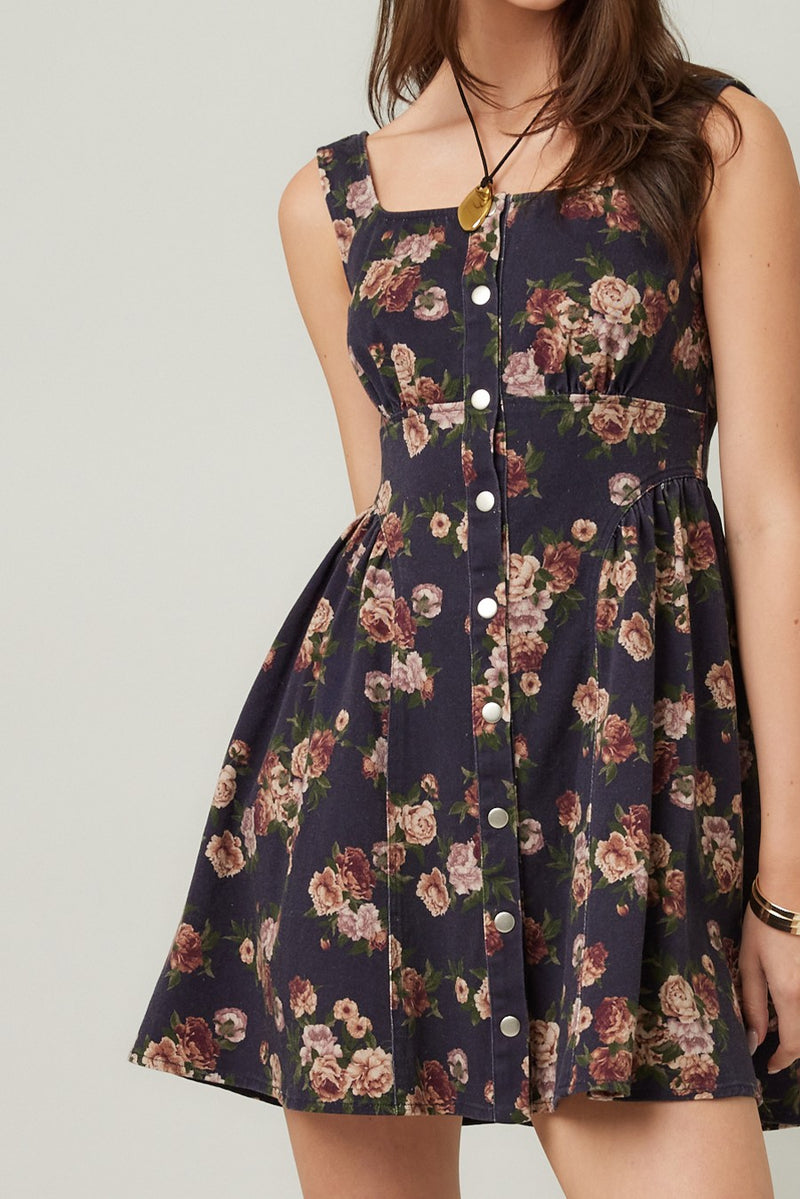 Opal Stone Washed Floral Denim Dress, Navy