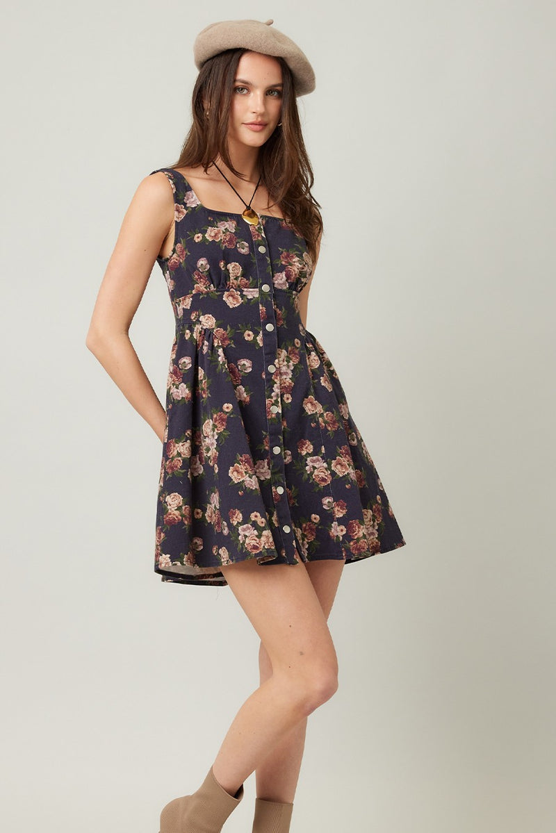 Opal Stone Washed Floral Denim Dress, Navy