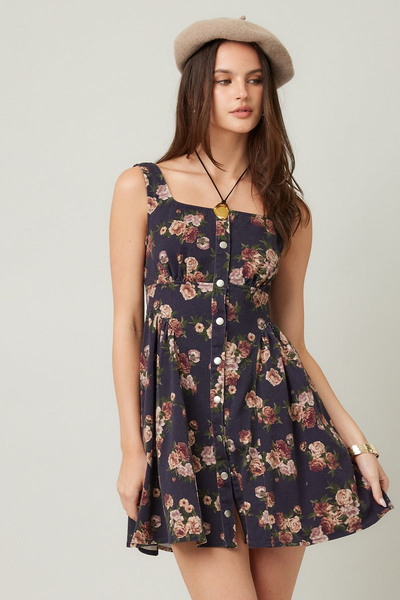 Opal Stone Washed Floral Denim Dress, Navy