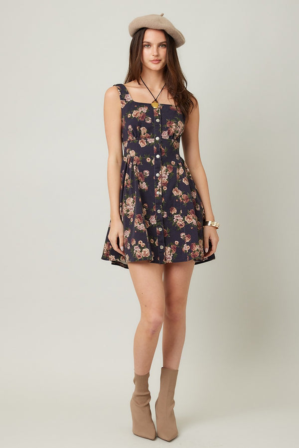 Opal Stone Washed Floral Denim Dress, Navy