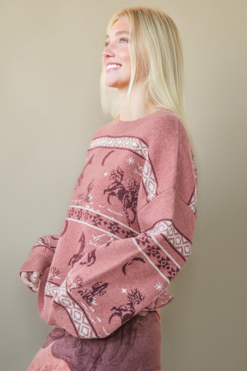 Skylar Oversized Western Print Sweater, Mauve