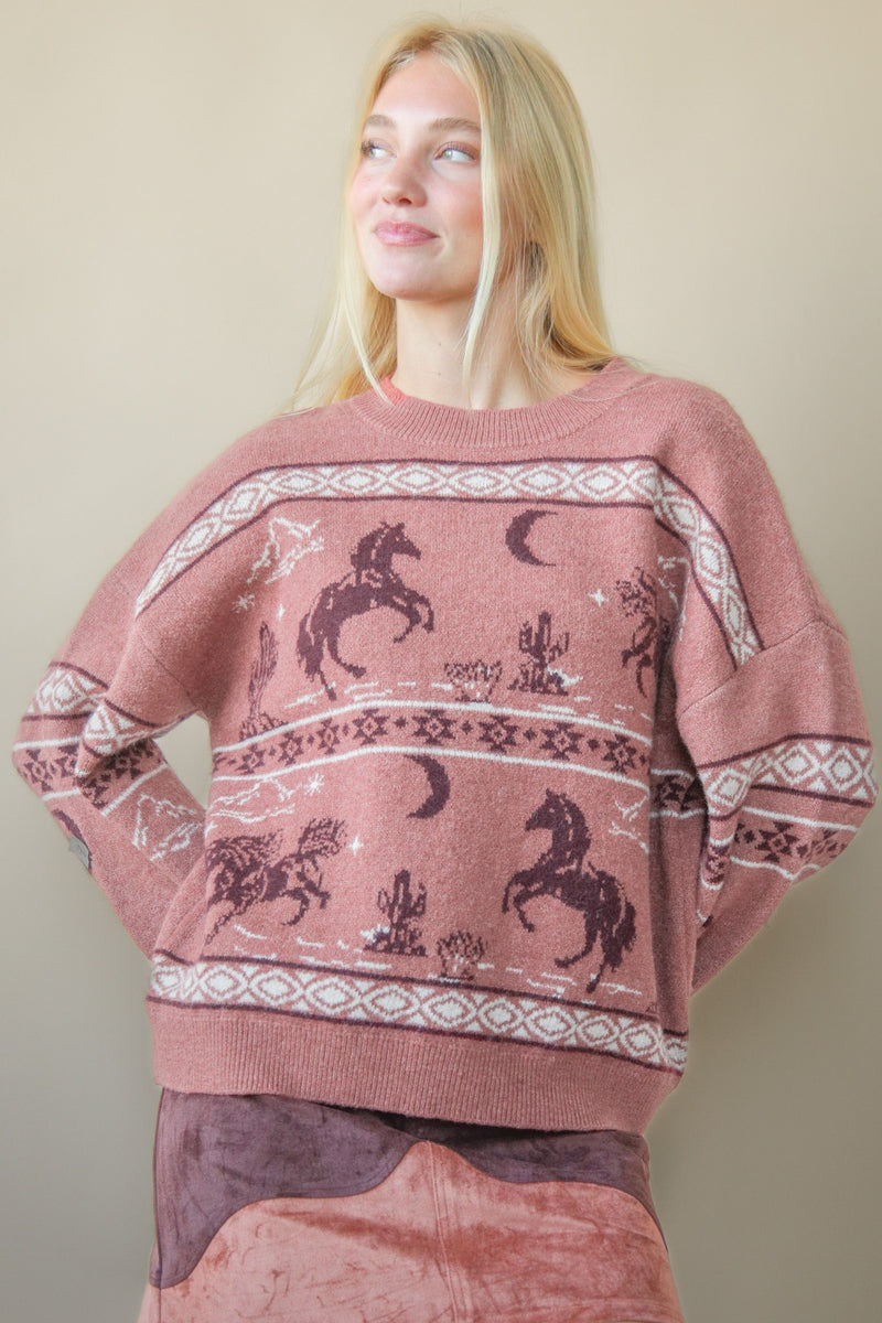 Skylar Oversized Western Print Sweater, Mauve
