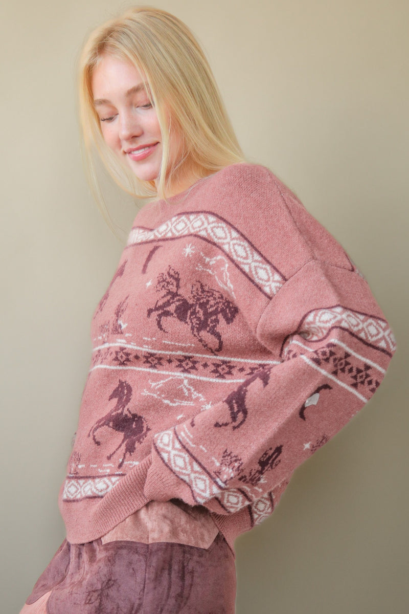 Skylar Oversized Western Print Sweater, Mauve