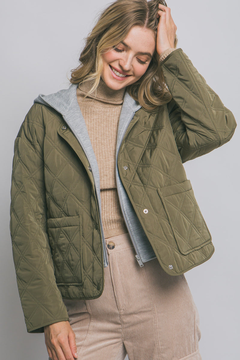 Iris Quilted Contrast Hood Jacket, Olive