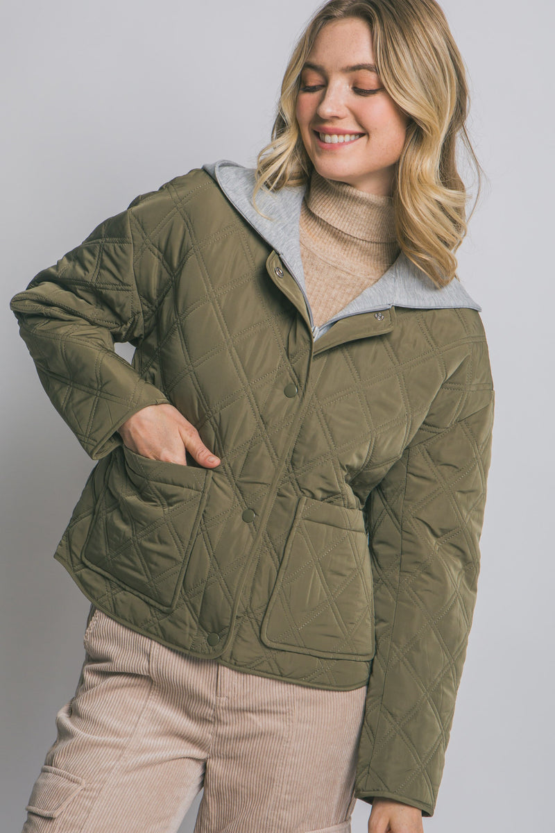 Iris Quilted Contrast Hood Jacket, Olive