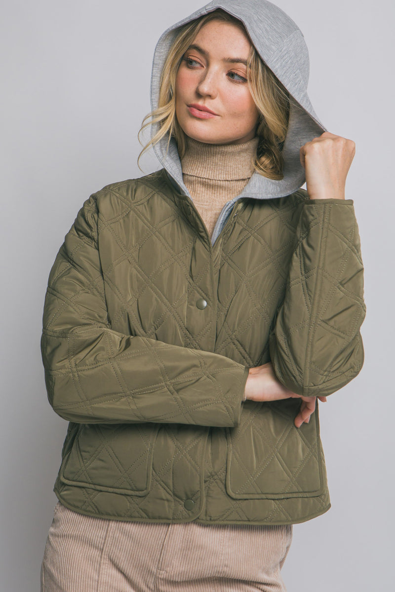 Iris Quilted Contrast Hood Jacket, Olive