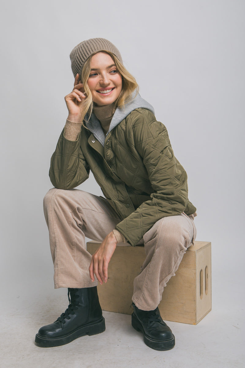Iris Quilted Contrast Hood Jacket, Olive