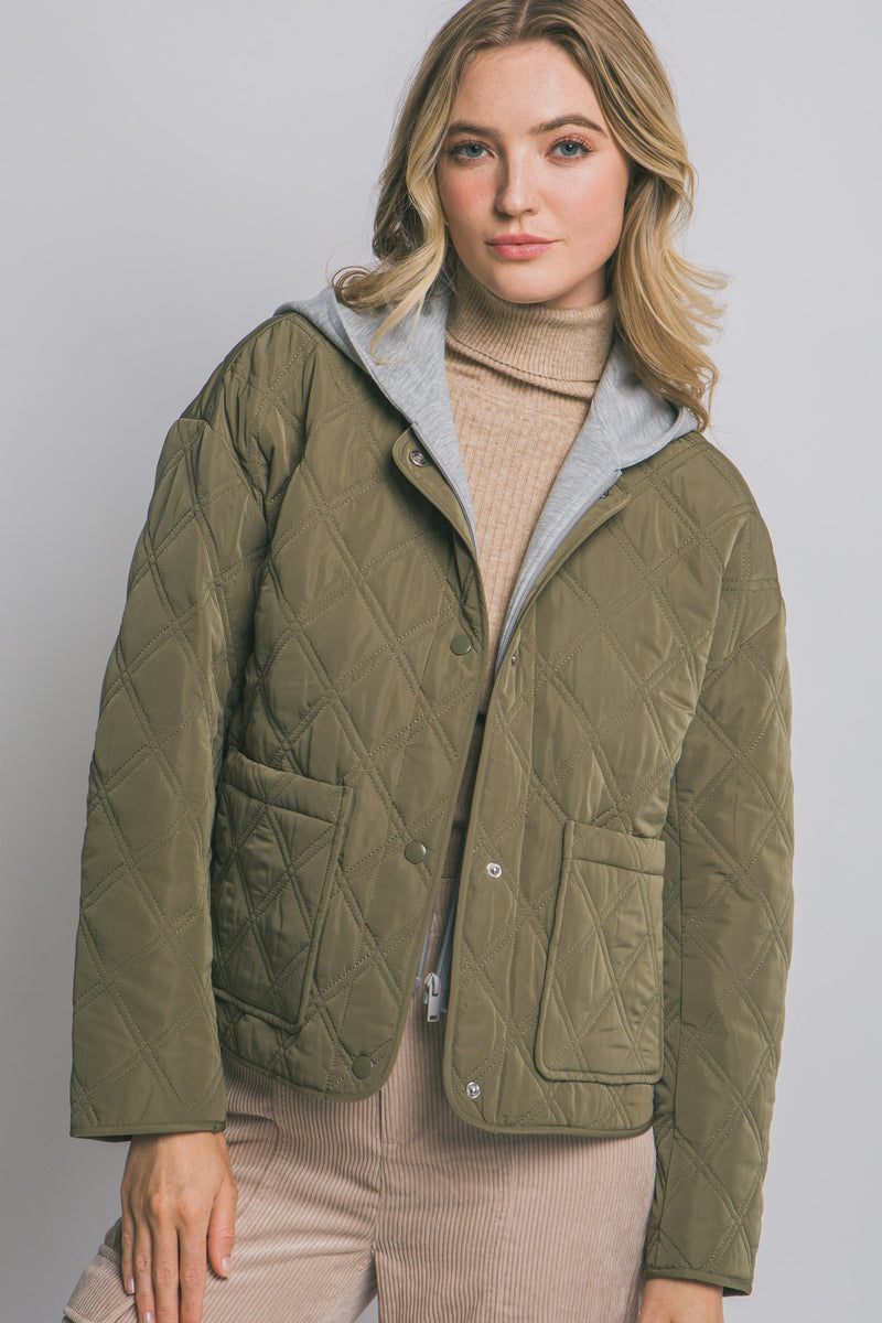 Iris Quilted Contrast Hood Jacket, Olive