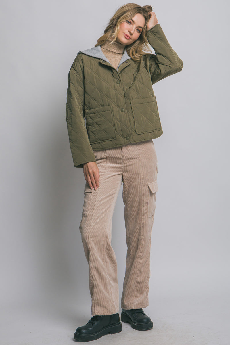 Iris Quilted Contrast Hood Jacket, Olive