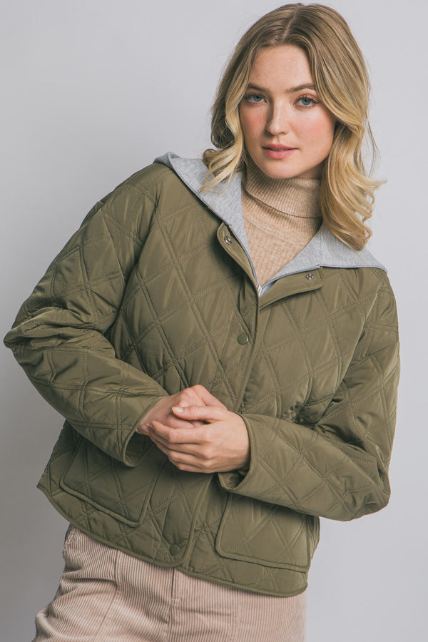 Iris Quilted Contrast Hood Jacket, Olive