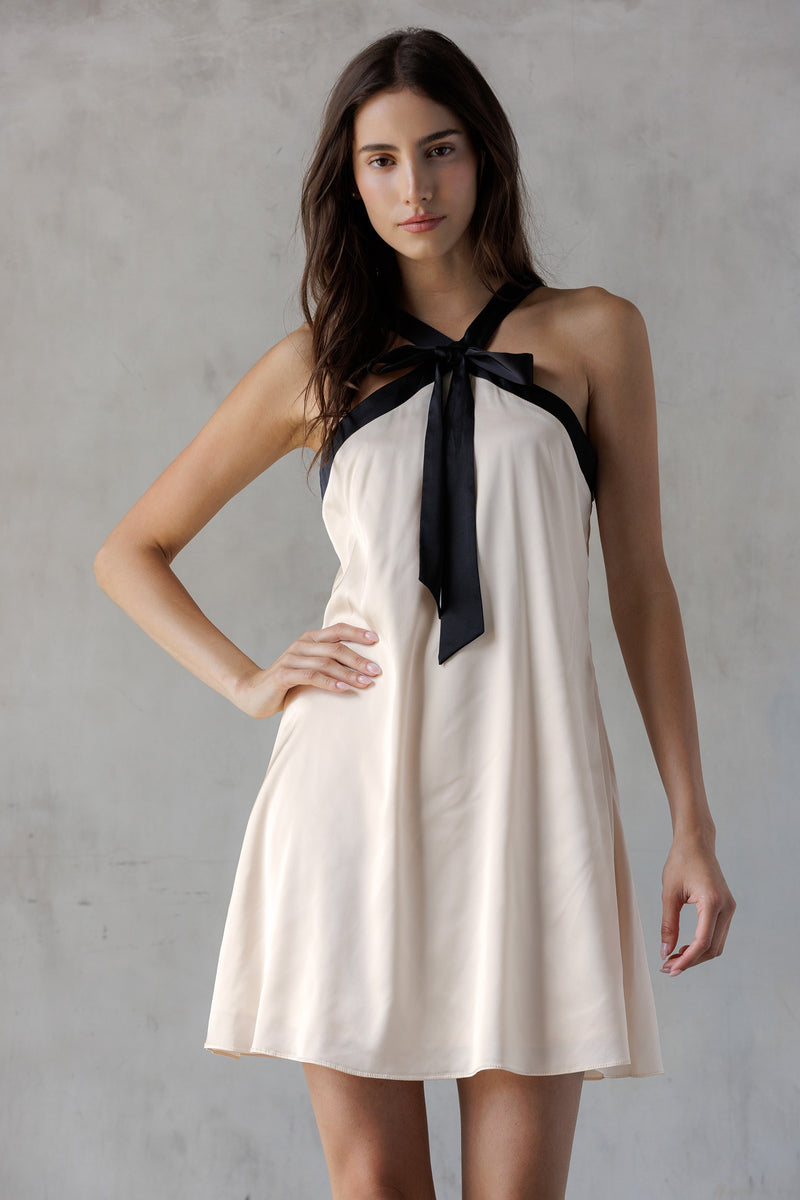 Tabitha Two Tone Halter Neck Dress, Champagne/Black