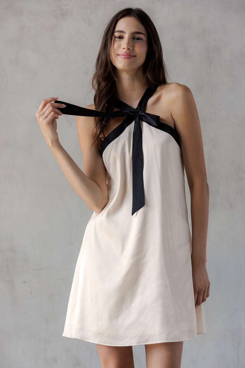 Tabitha Two Tone Halter Neck Dress, Champagne/Black
