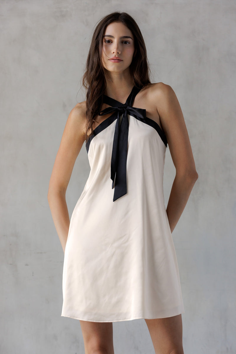 Tabitha Two Tone Halter Neck Dress, Champagne/Black